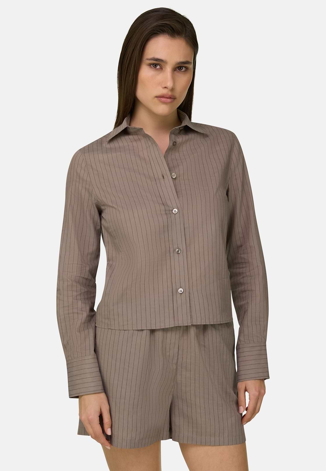 Camicia Gessata in Misto Lino E Cotone, Marrone, hi-res, 1