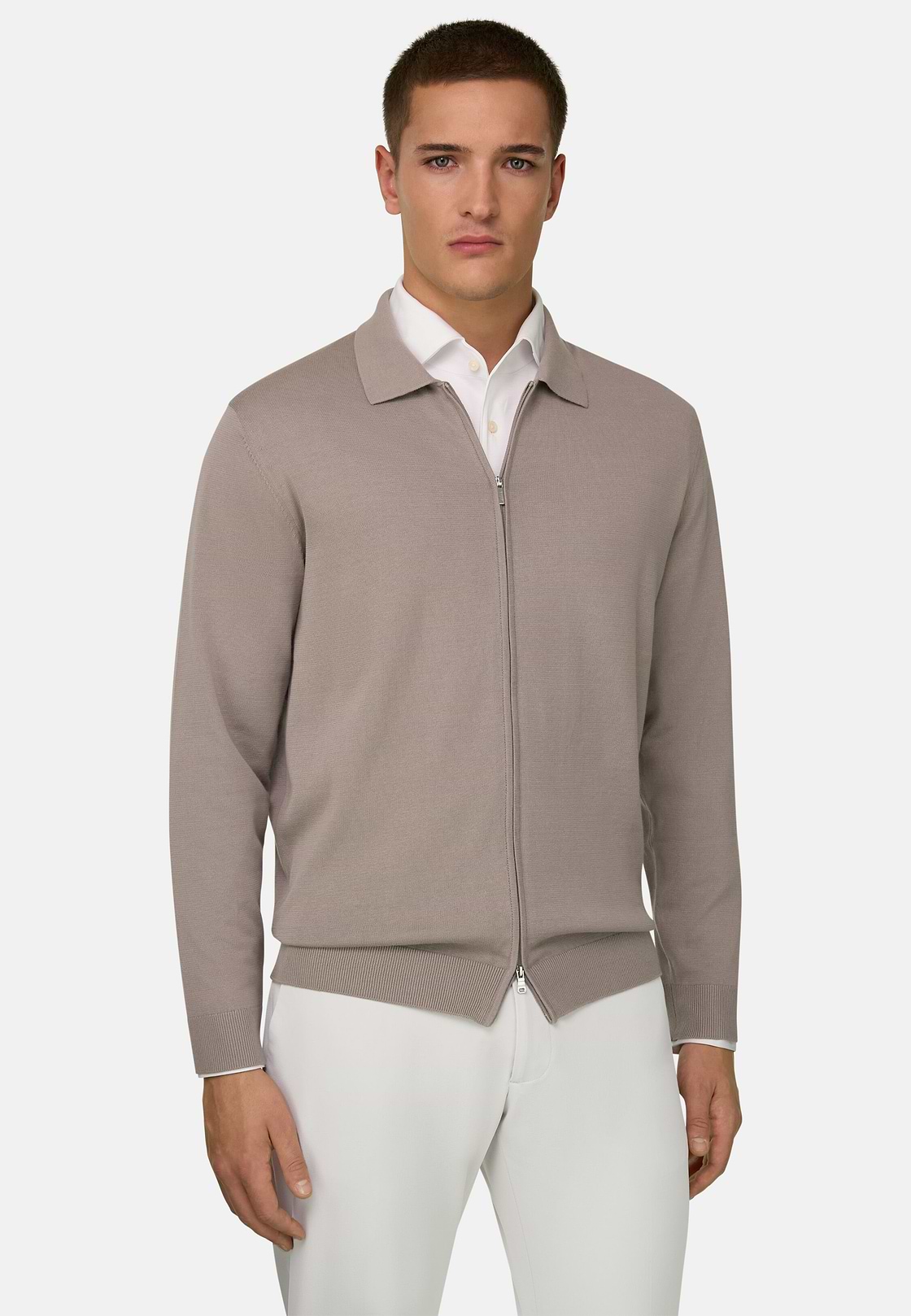 Cotton Full Zip Shirt Collar Sweater, Taupe, hi-res, 1