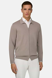 Cotton Full Zip Shirt Collar Sweater, Taupe, thumb, 1