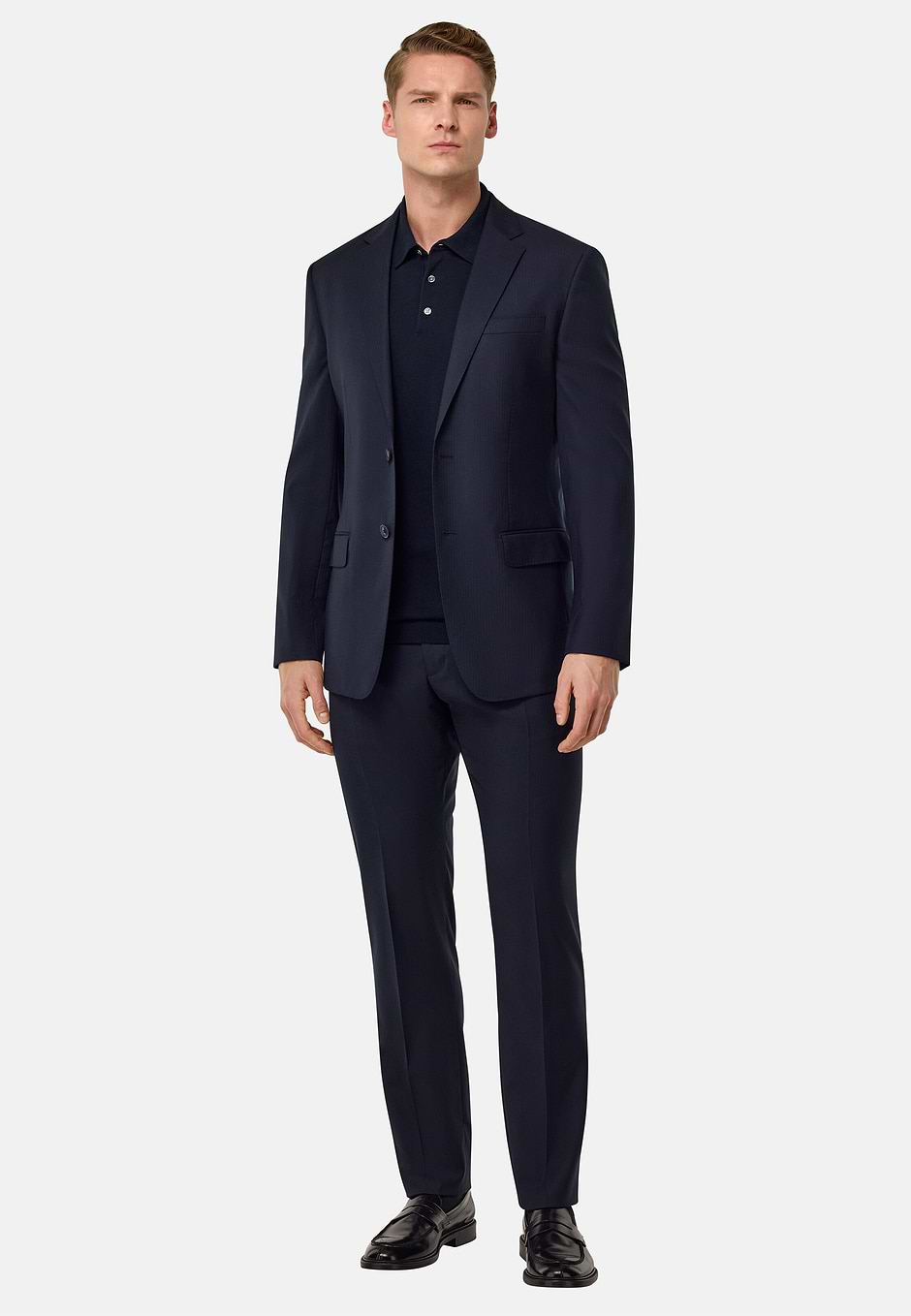 Micro Herringbone Suit in Stretch Pure Wool, Navy blue, hi-res