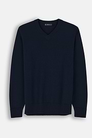 V-Neck Jumper in Extrafine Merino Wool, Navy blue, thumb, 5