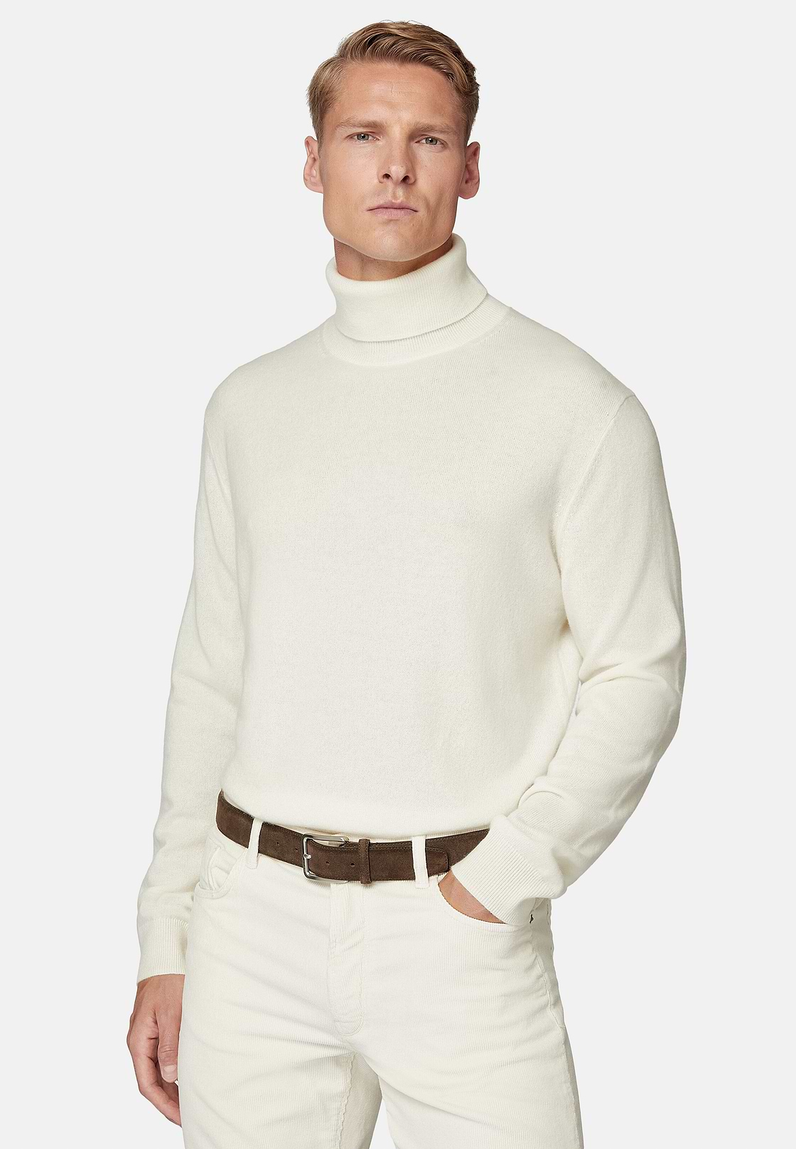 White Polo Neck Jumper In Cashmere, White, hi-res