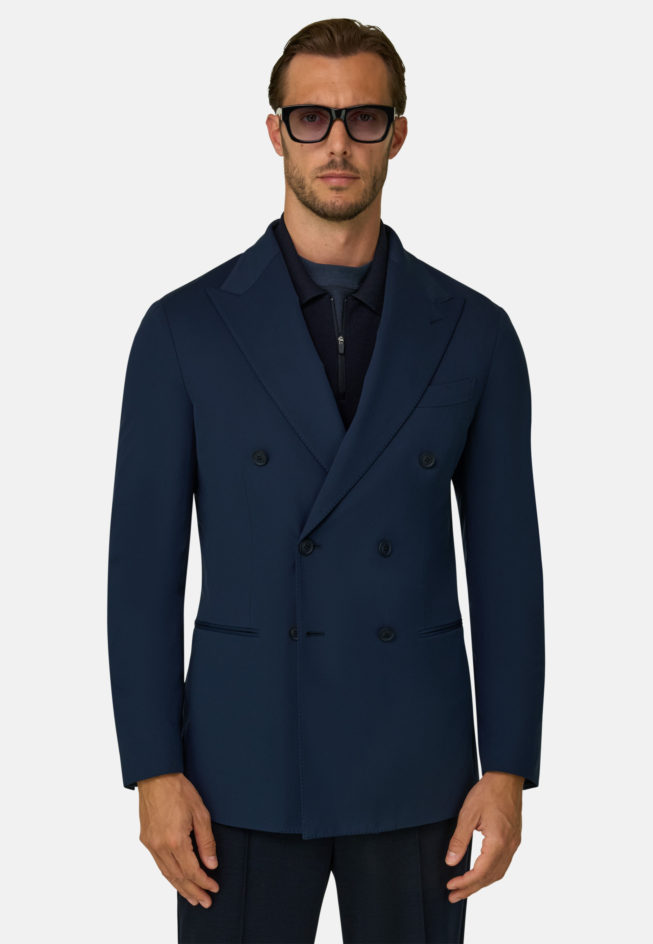 Blazer Double-Breasted Structured Stretch Nylon B Tech, Navy blue, hi-res, 1