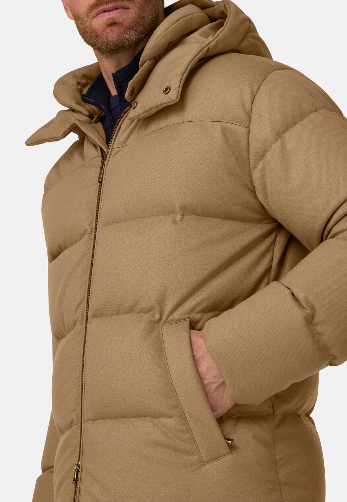 Bomber in Wool Blend Padded with Goose Down, Camel, hi-res, 5