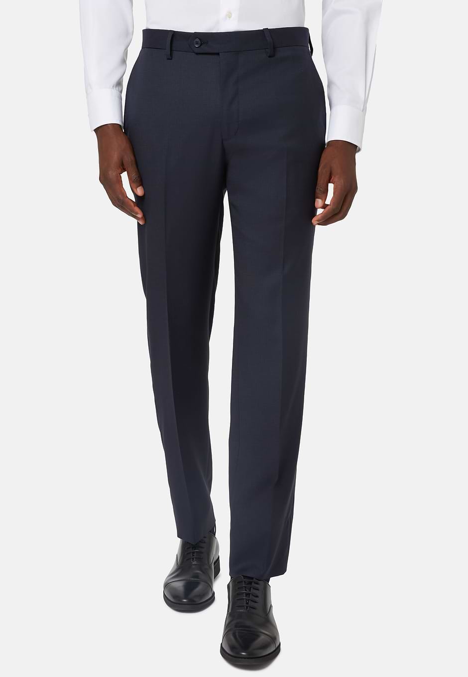 Pantaloni Micro Struttura In Lana, Navy, hi-res