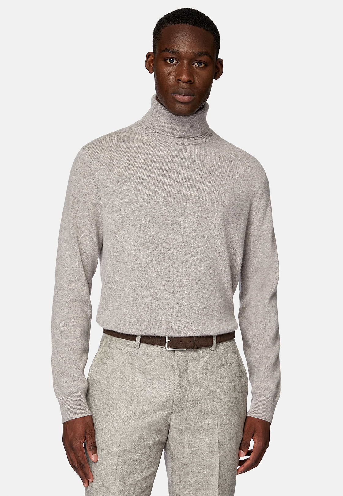 Taupe Polo Neck Jumper in Cashmere, Taupe, hi-res