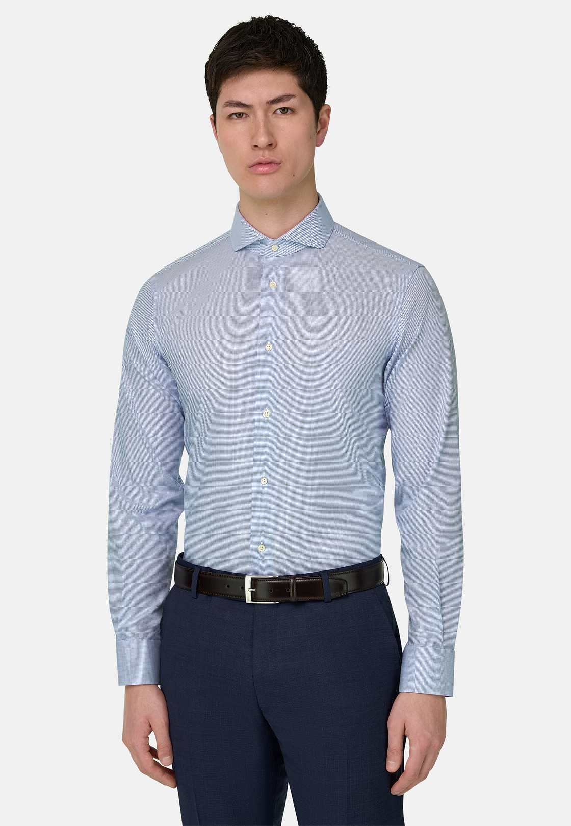 Camicia In Cotone Slim Fit, Blu, hi-res, 1