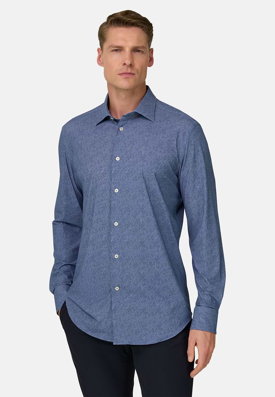Camisa De Nailon Elástico Corte Slim, Azul, hi-res