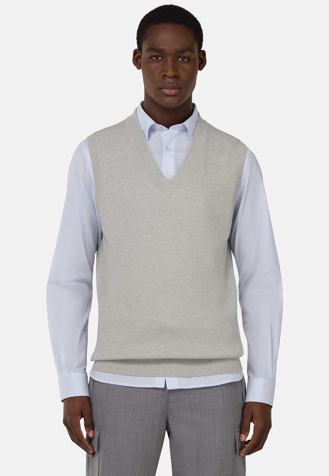Cotton and Silk V-Neck Jumper, Grey, hi-res