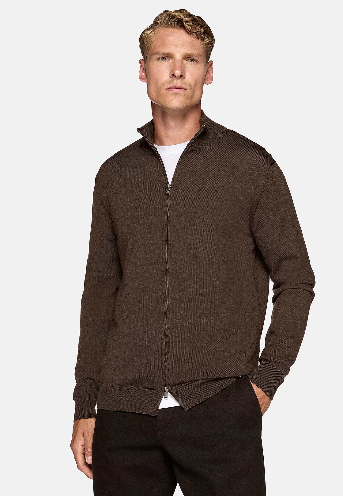 Pull Full Zip Marron En Laine Mérinos, Marron, hi-res