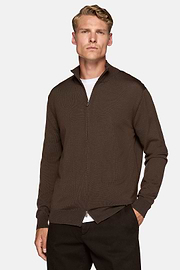 Pull Full Zip Marron En Laine Mérinos, Marron, hi-res