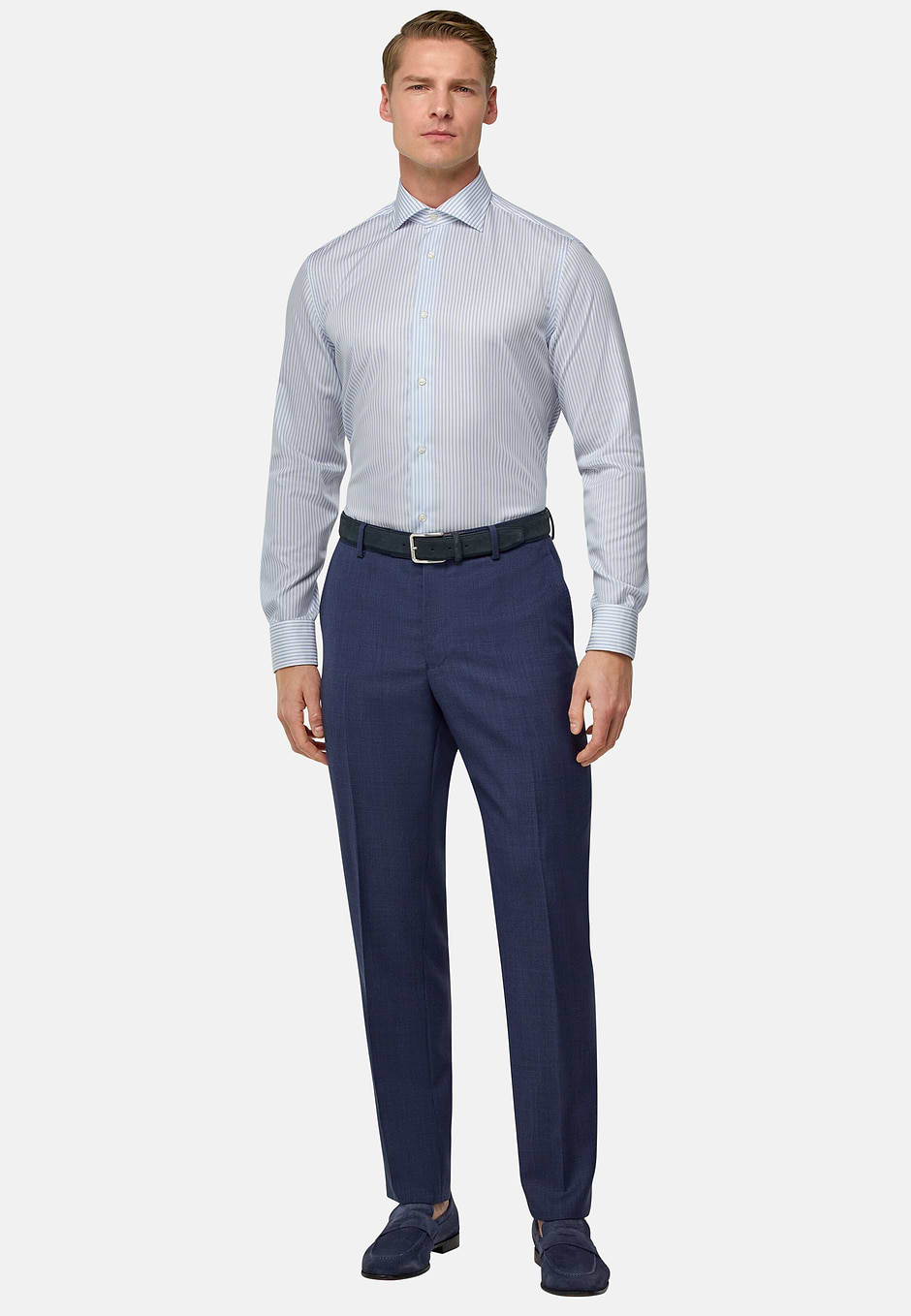 Chemise En Coton À Rayures Slim Fit, Bleu clair, hi-res