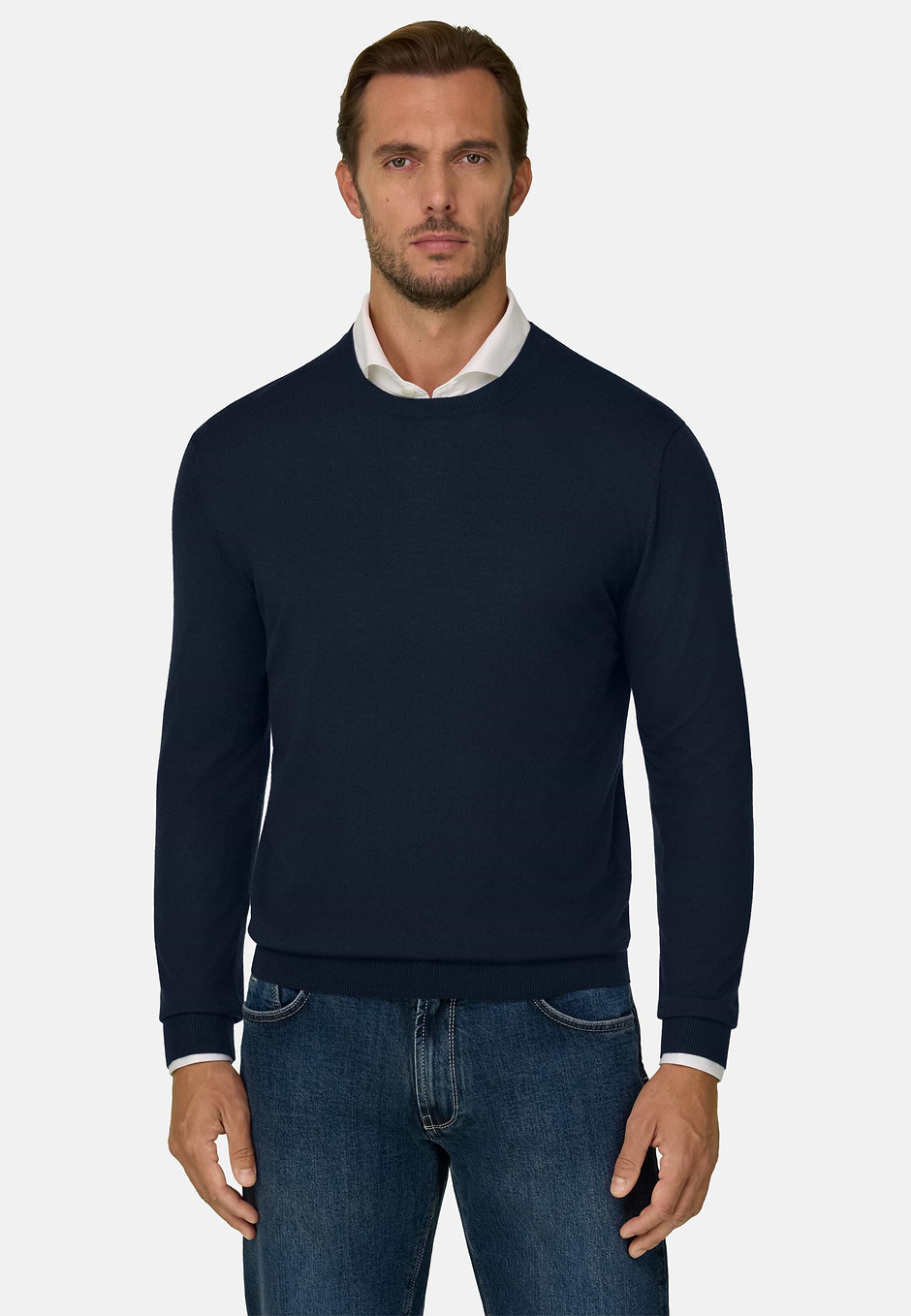 Crew Neck Jumper in Superfine Merino Wool, Navy blue, hi-res