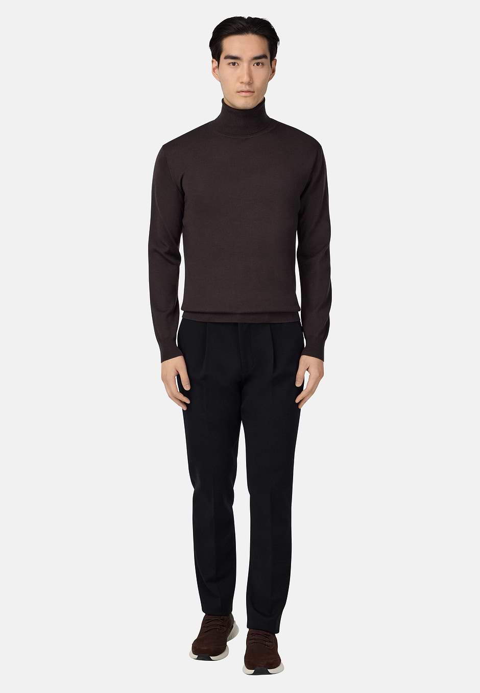 Merino Wool Polo Neck Jumper, Dark brown, hi-res