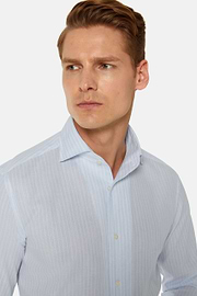 Camicia A Righe Azzurre In Cotone Dobby Regular, Azzurro, hi-res