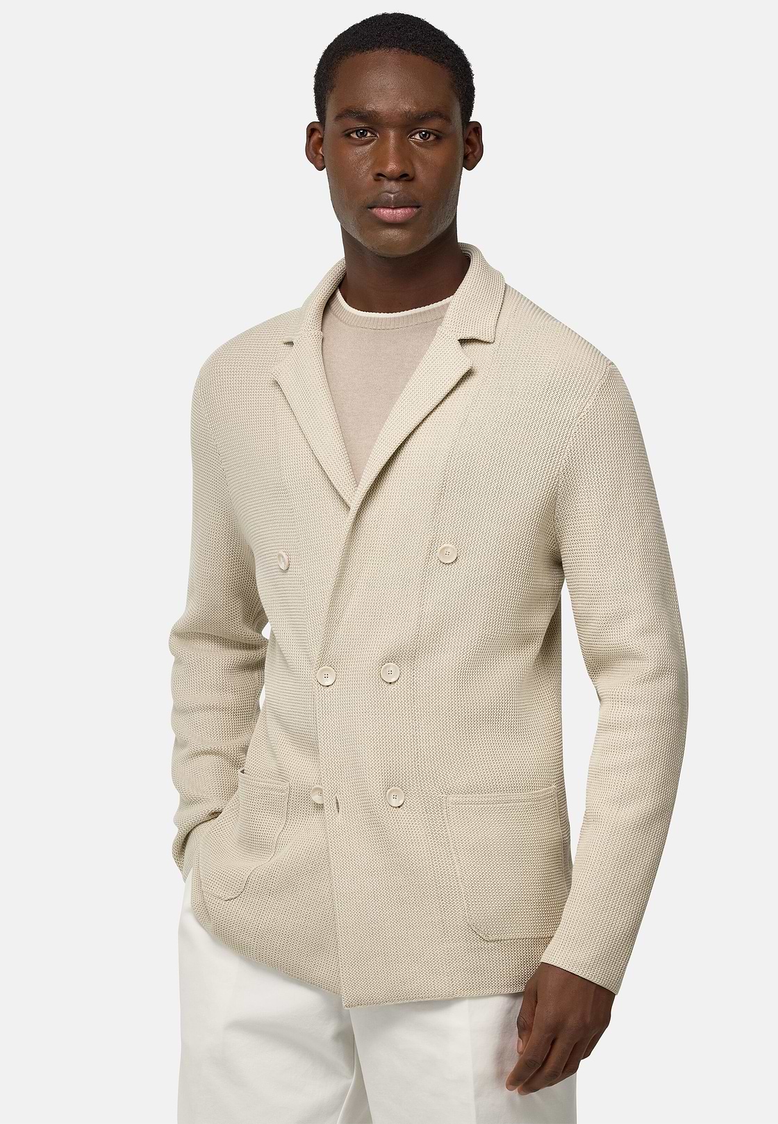 Double-Breasted Knitted Jacket in Cotton Crêpe, Sand, hi-res