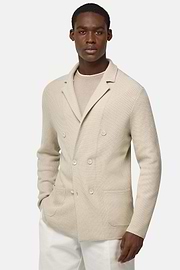Double-Breasted Knitted Jacket in Cotton Crêpe, Sand, hi-res