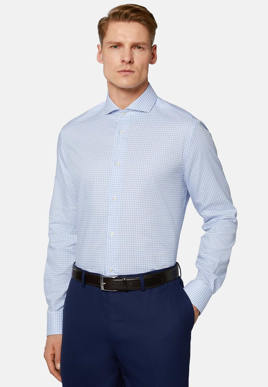 Check Dobby Napoli Collar Shirt Slim Fit, Light Blue, hi-res