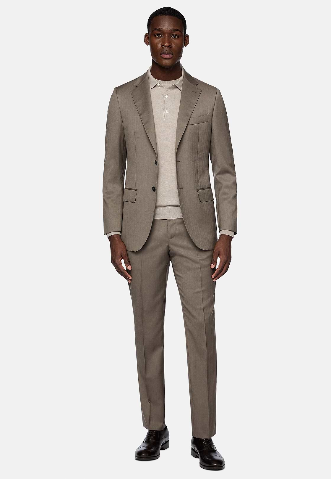 Dove Grey Herringbone Pure Wool Suit, Taupe, hi-res