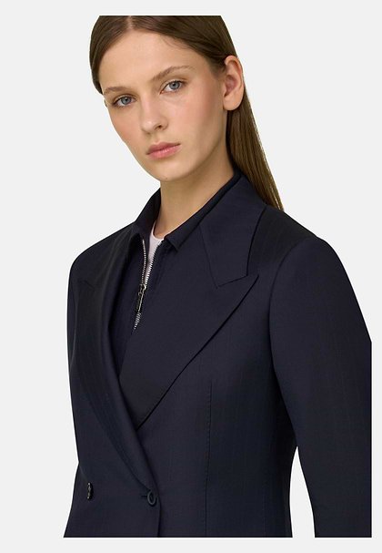 Marynarka Dwurzędowa z Wełny w Kredkowy Prążek, Navy blue, hi-res