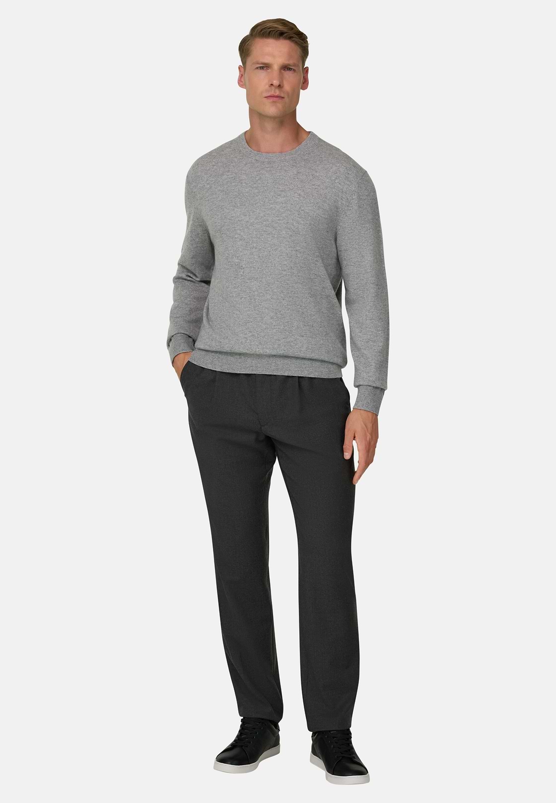 Crew Neck Jumper in Cashmere Blend, Grey, hi-res, 2