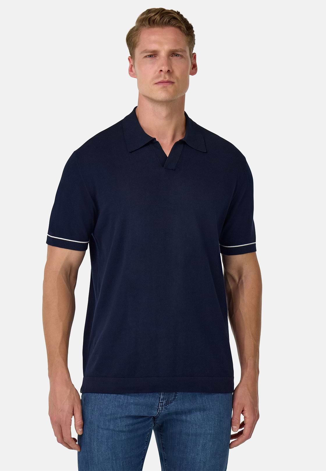 Cotton Crêpe Knit Polo Shirt, Navy blue, hi-res
