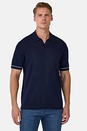 Cotton Crêpe Knit Polo Shirt, Navy blue, hi-res
