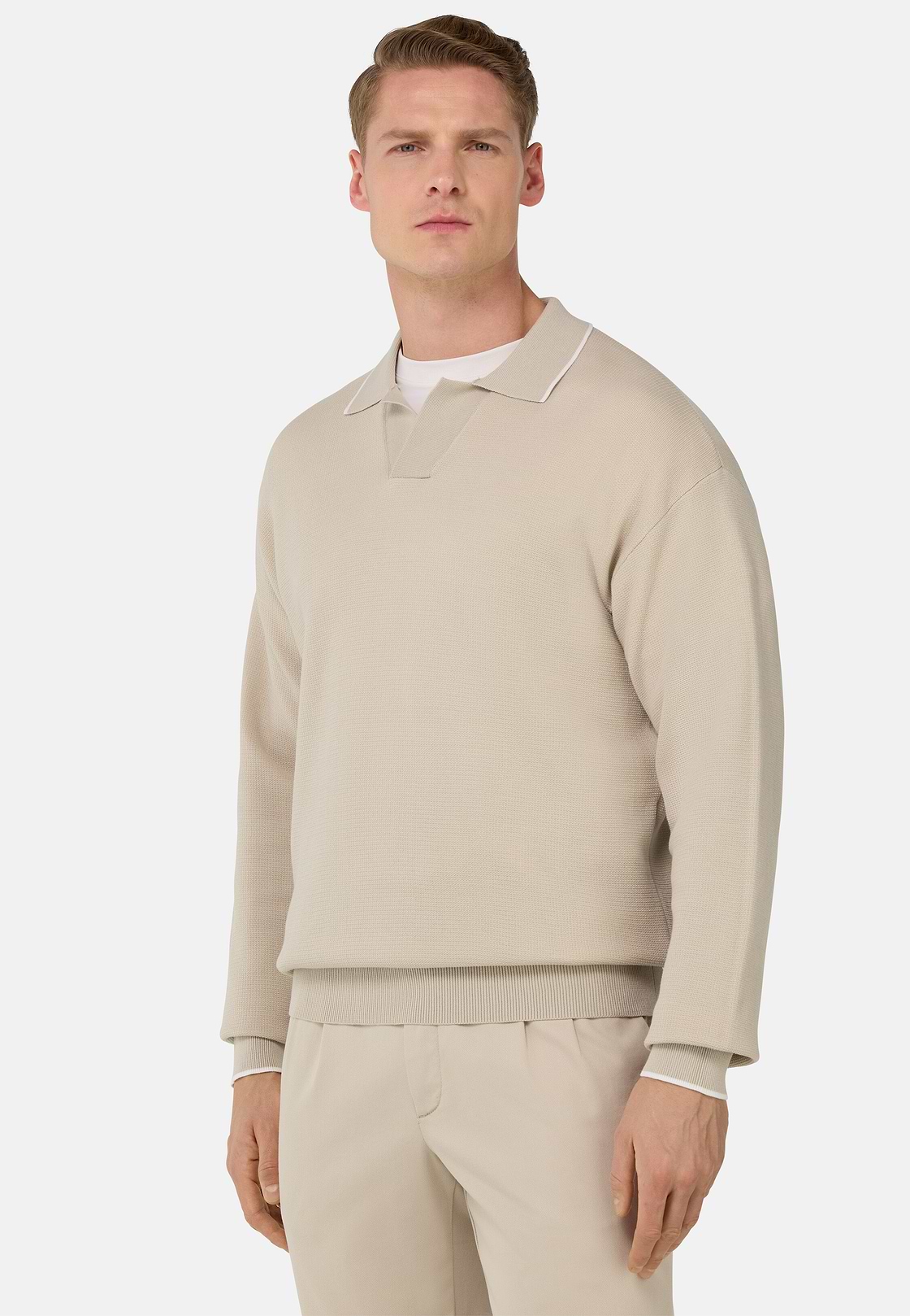 Open Neck Knitted Polo Shirt in a Cotton Blend, Sand, hi-res