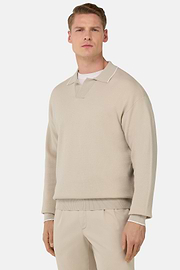 Open Neck Knitted Polo Shirt in a Cotton Blend, Sand, hi-res