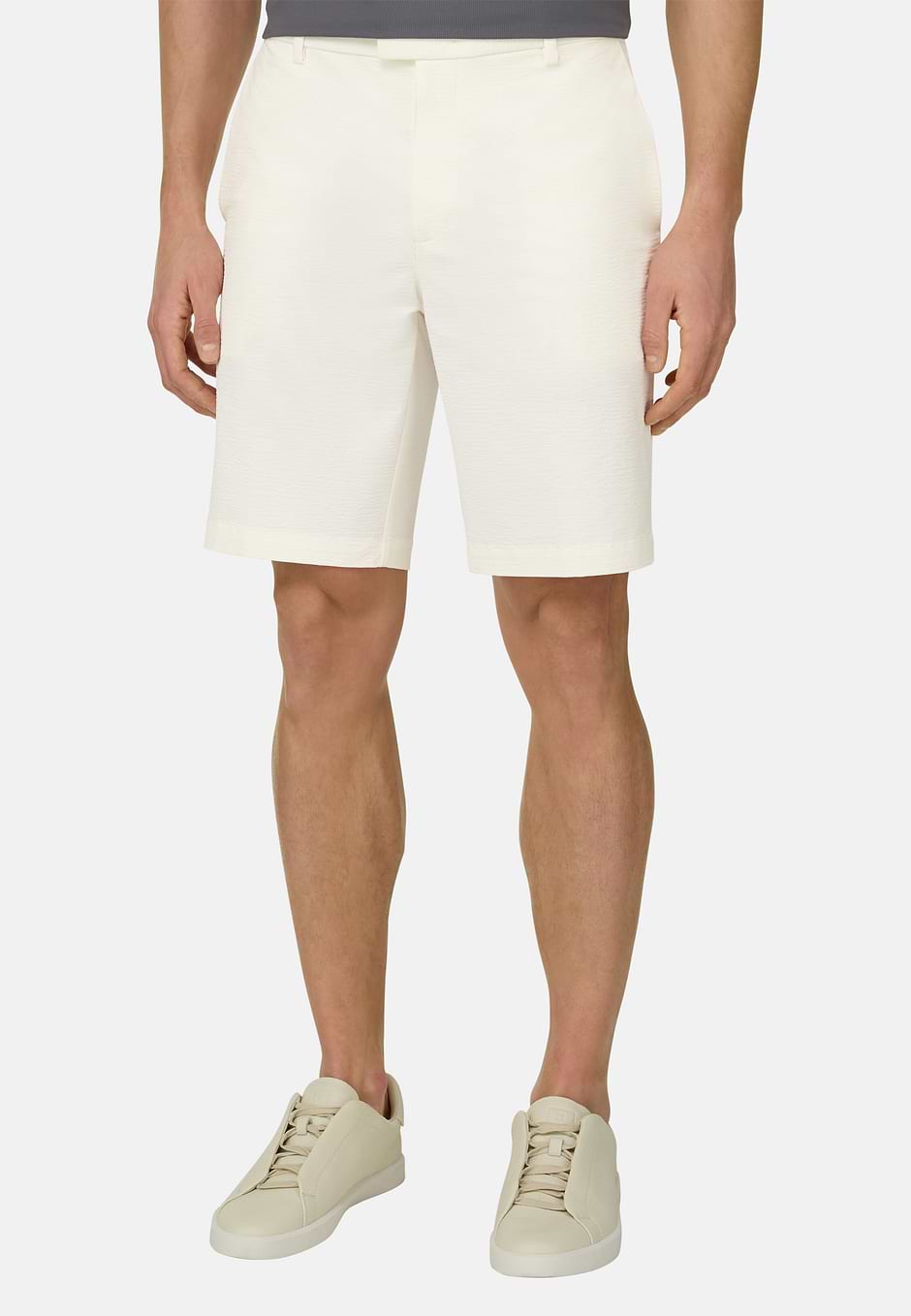 B Tech Bermuda Shorts in Stretch Nylon Seersucker, White, hi-res