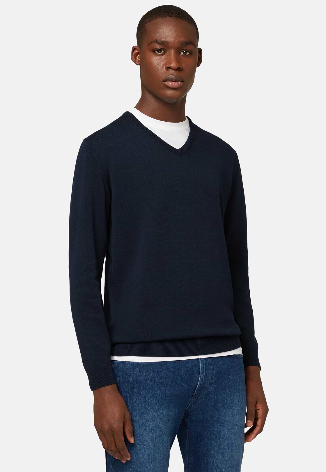 Navy Pima Cotton V-neck Sweater, Navy blue, hi-res