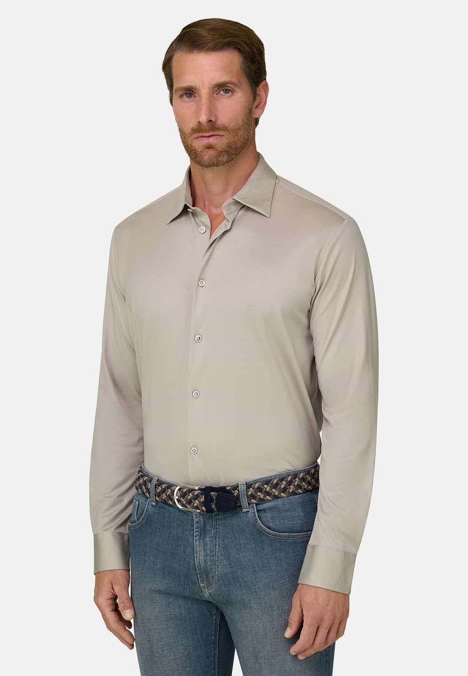 Camisa Polo de Algodón y Seda Regular Fit, Beige, hi-res