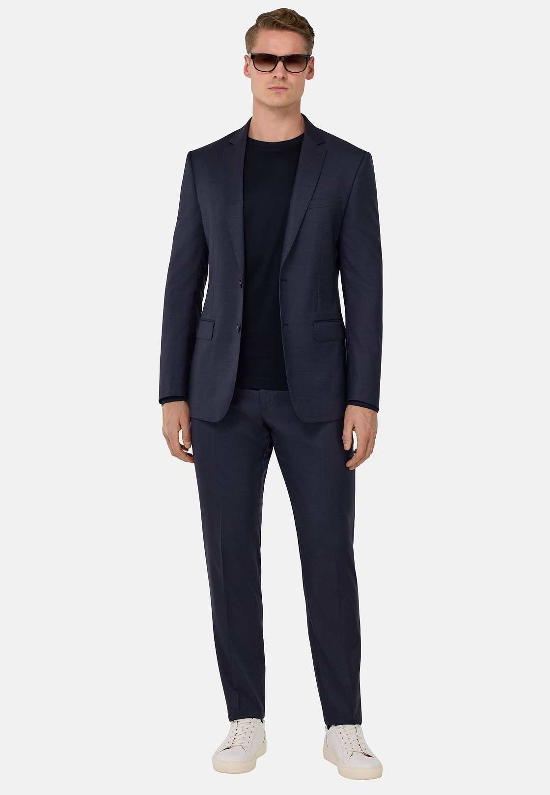 Fine Pinstripe Stretch Wool Suit, Navy blue, hi-res