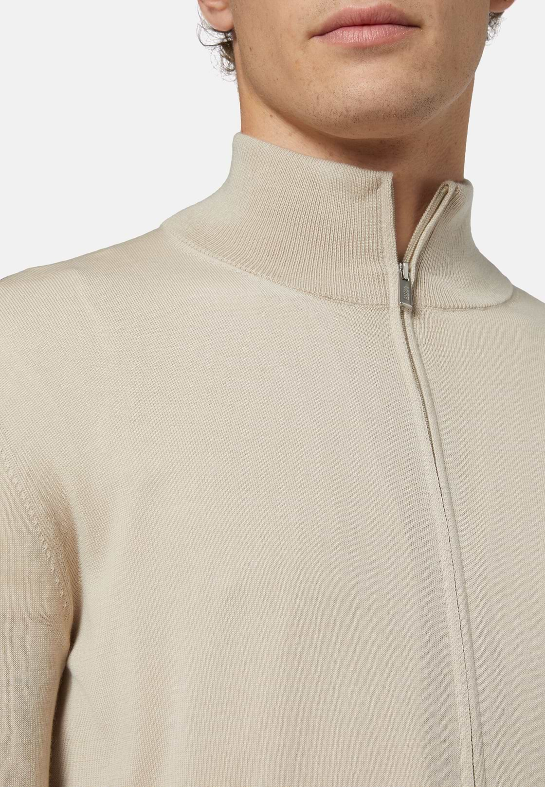 Beige Full Zip Jumper In Merino Wool, Beige, hi-res