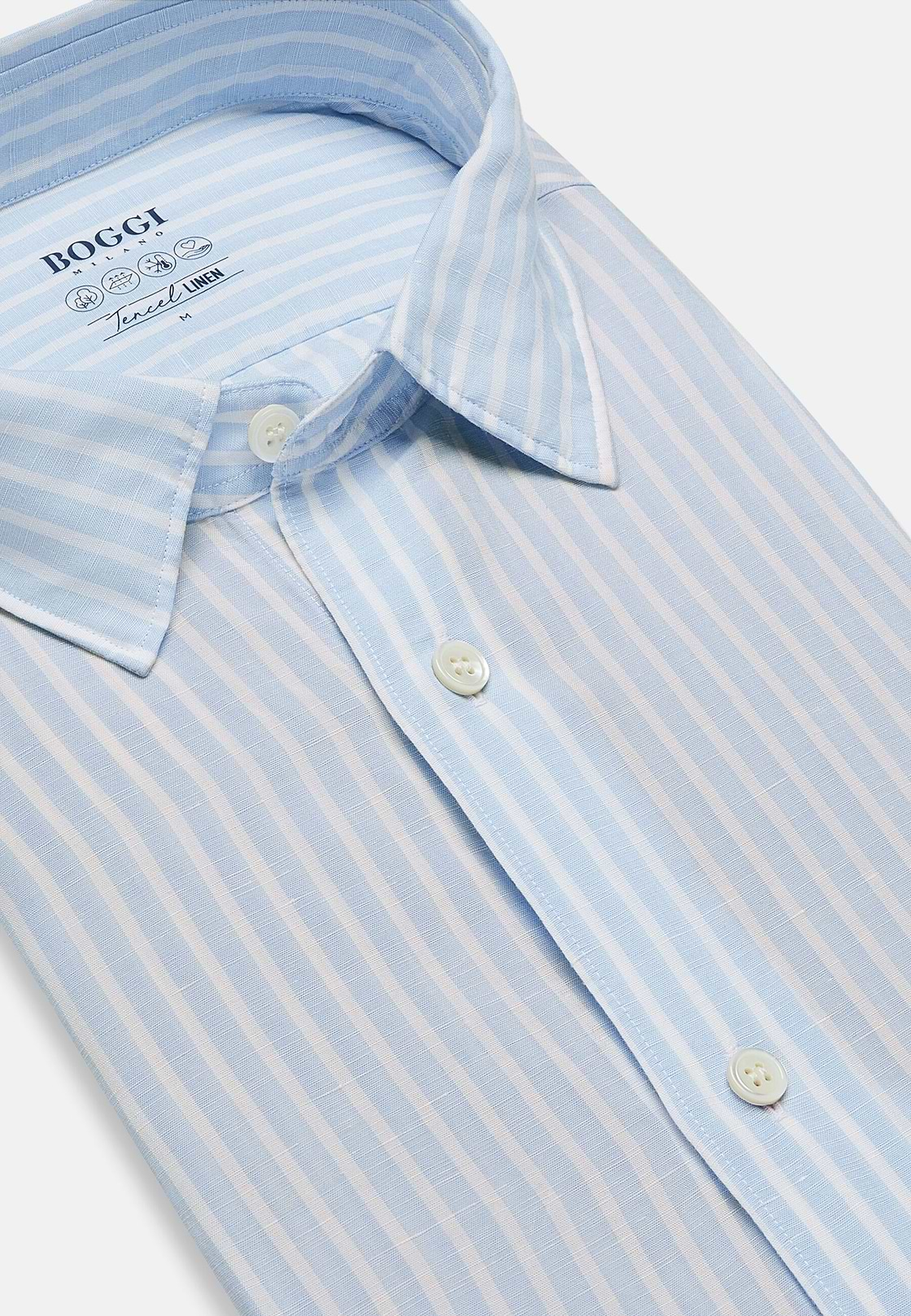 Regular Fit Sky Blue Striped Linen Tencel Shirt, Light Blue, hi-res