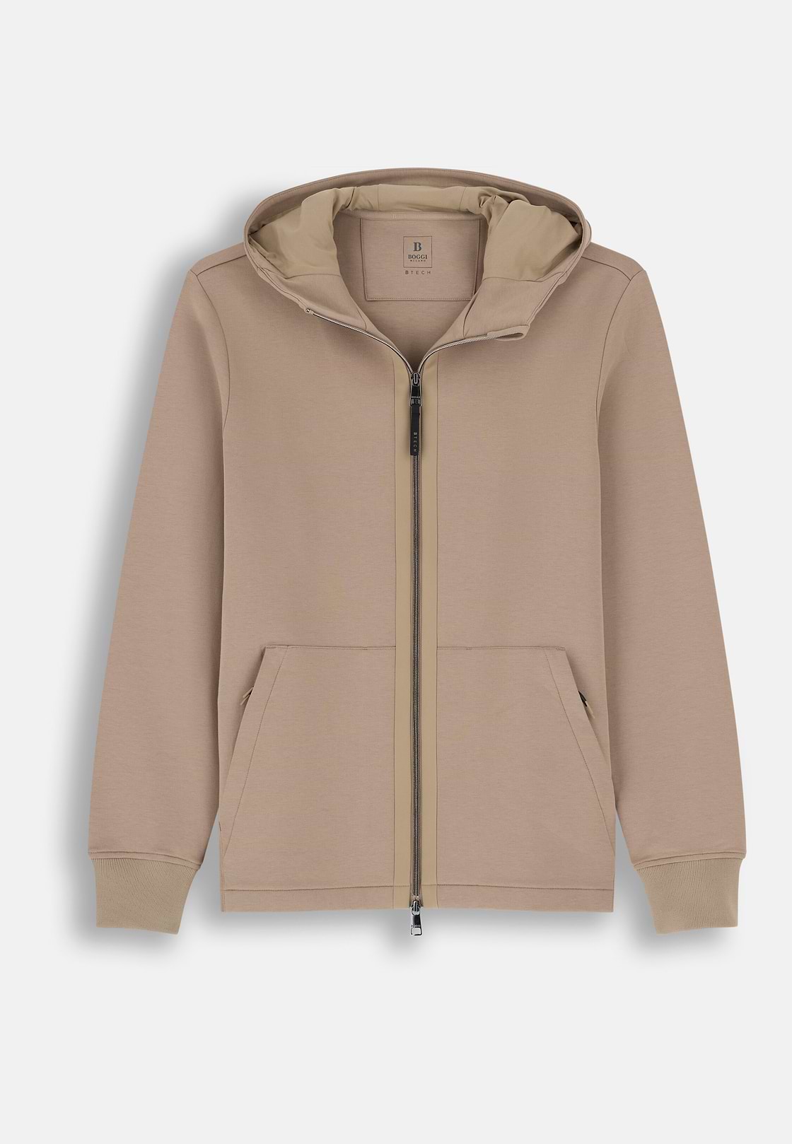 Felpa Full Zip Cappuccio in Misto Cotone Scuba B Tech, Beige, hi-res, 5