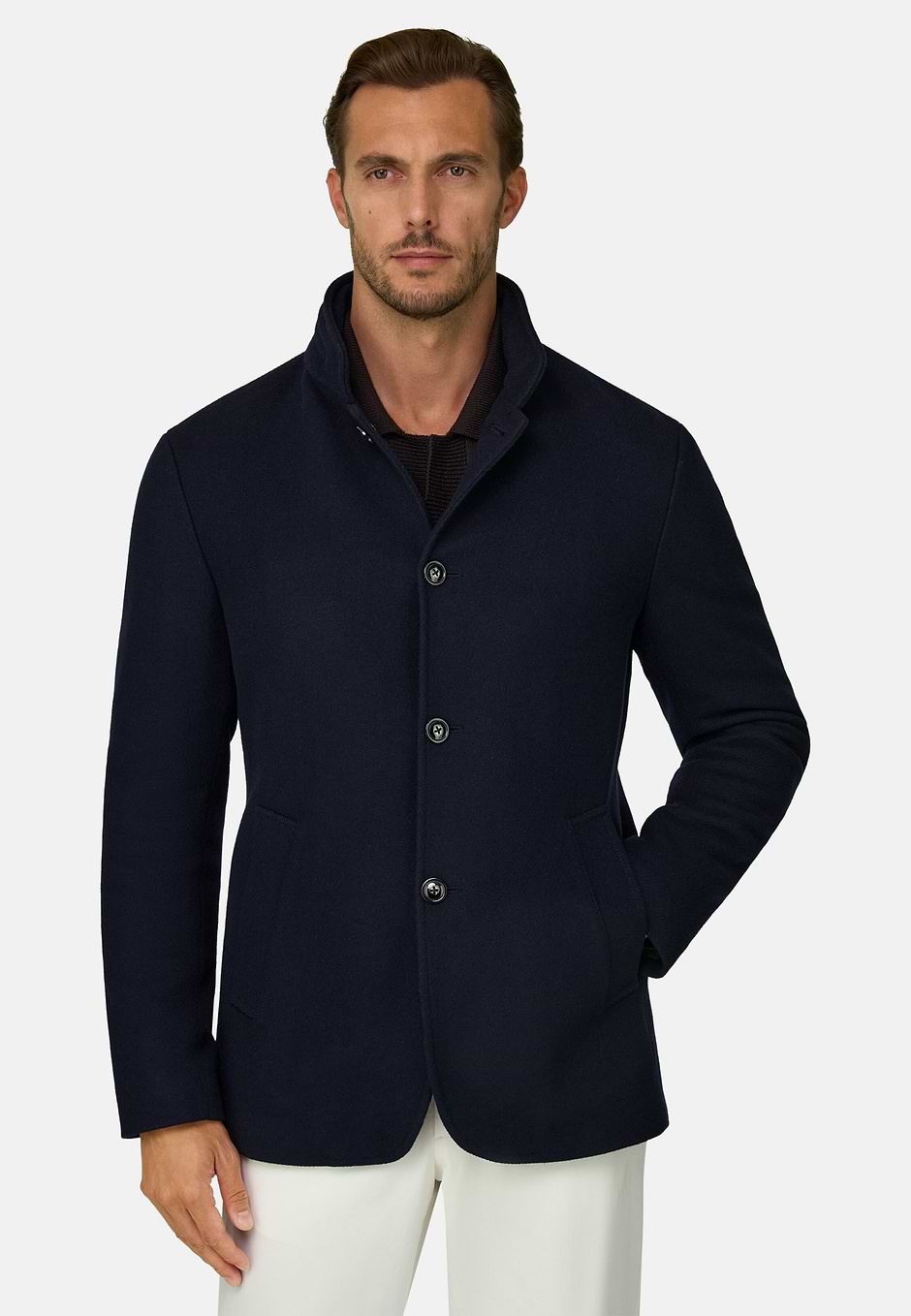 Peacoat Padded in Wool Blend Mélange, Navy blue, hi-res