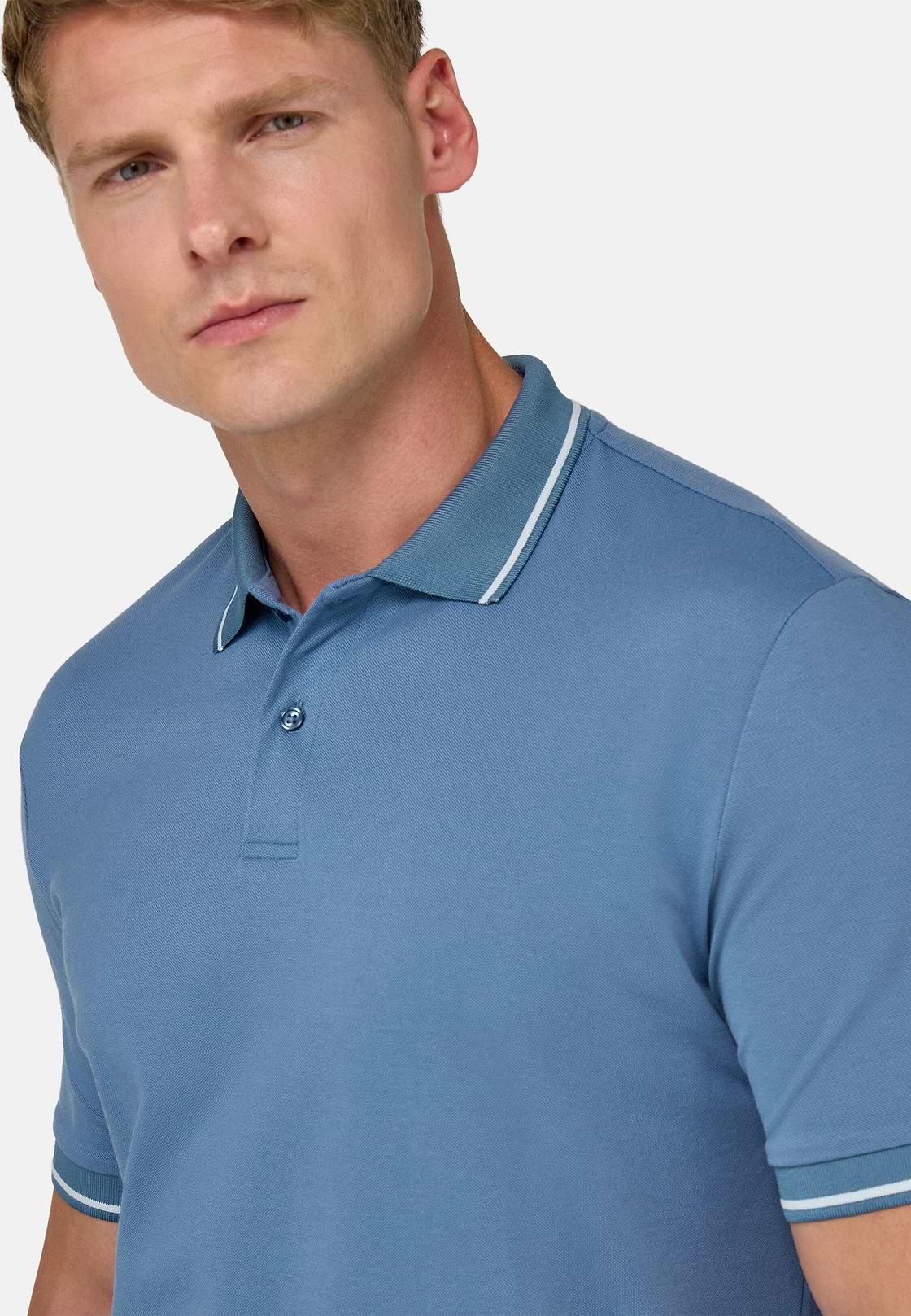 Cotton Blend Piqué Polo Shirt, Air-blue, hi-res