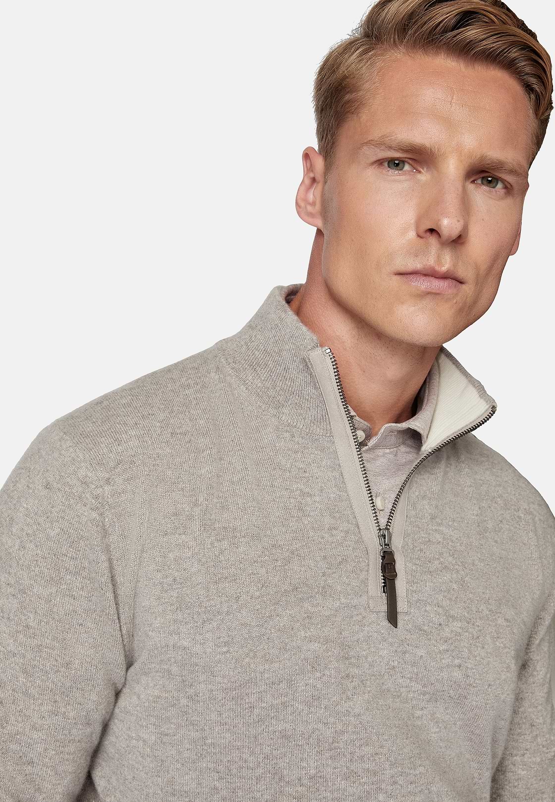 Taupe Cashmere Half Zip Jumper, Taupe, hi-res