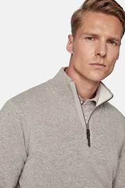Taupe Cashmere Half Zip Jumper, Taupe, hi-res