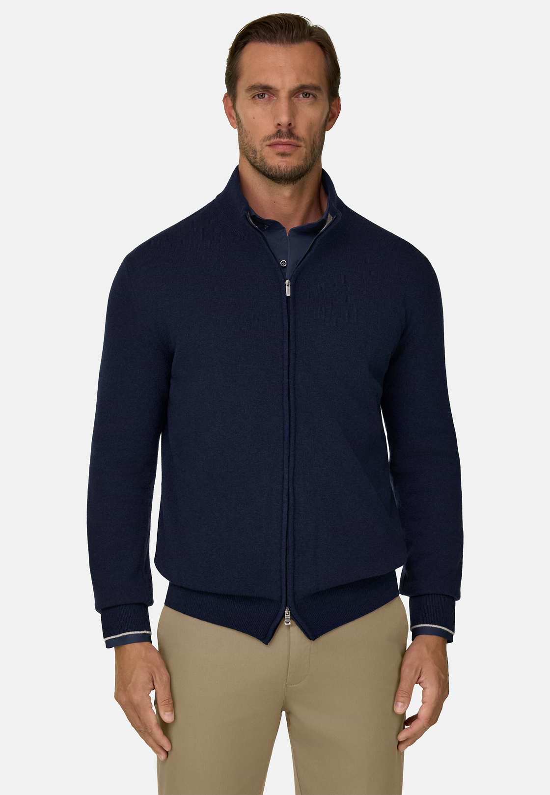 Full-Zip Jumper in Cashmere Blend, Navy blue, hi-res, 1