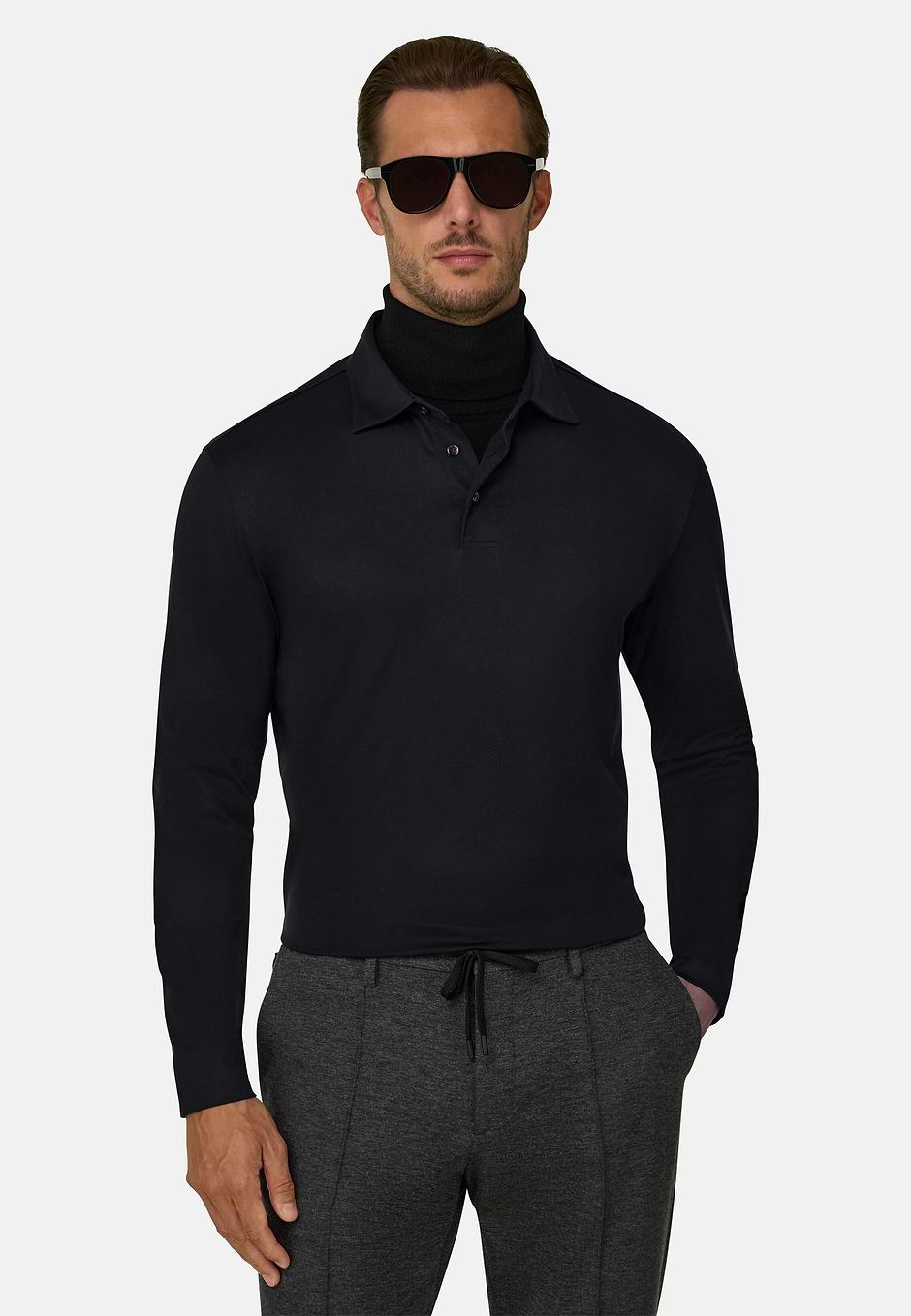 Polo in Cotton and Silk Jersey, Black, hi-res