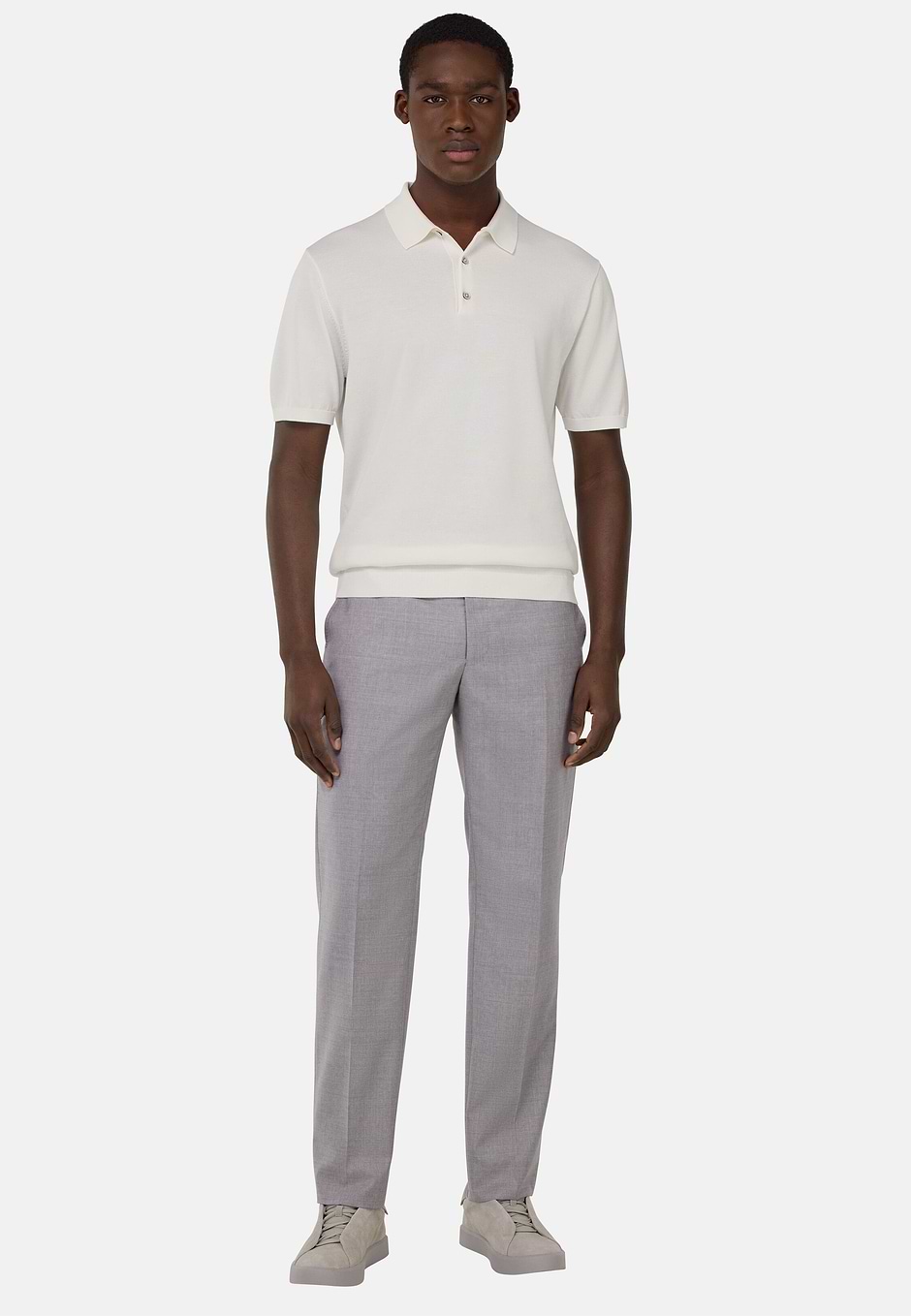 Cotton and Silk Knitted Polo Shirt, White, hi-res
