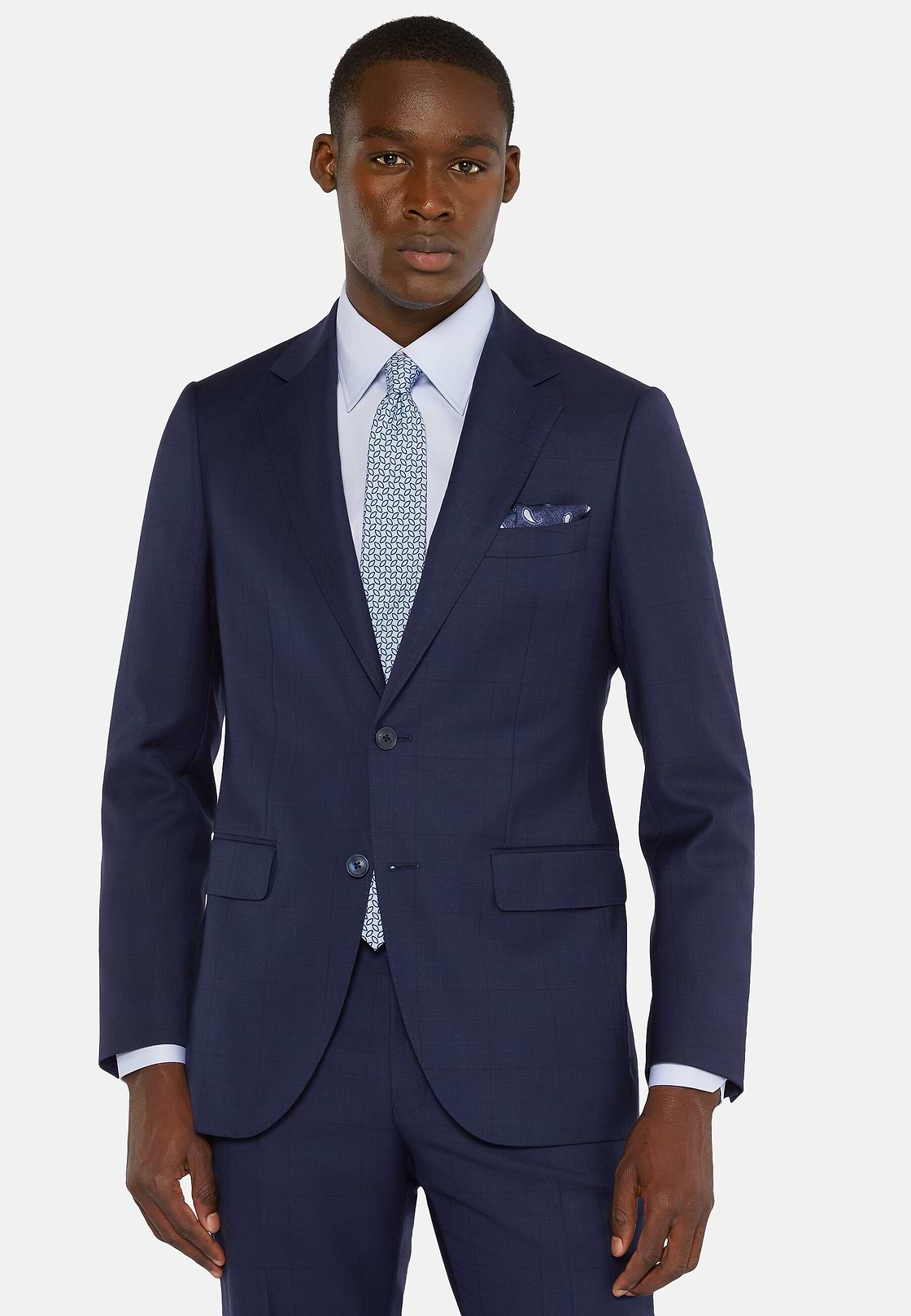 Navy Blue Prince of Wales Check Suit In Pure Wool, Navy blue, hi-res