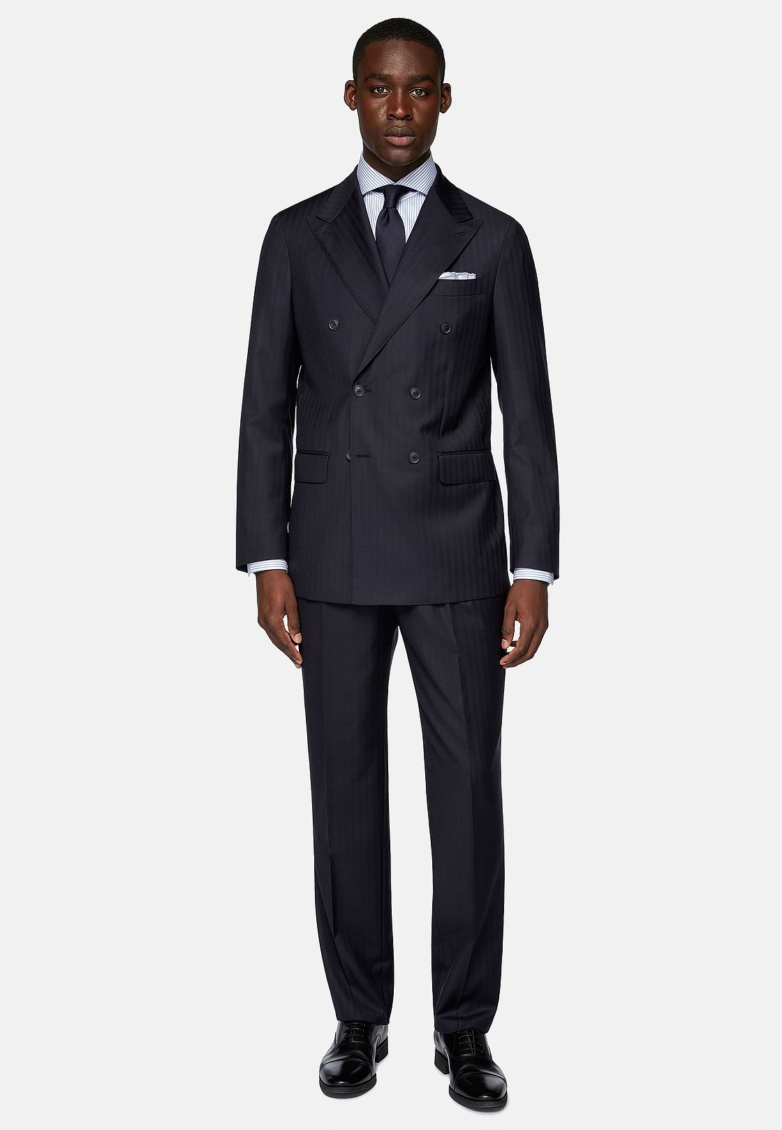 Navy Blue Herringbone Double-Breasted Suit in Pure Wool, Navy blue, hi-res