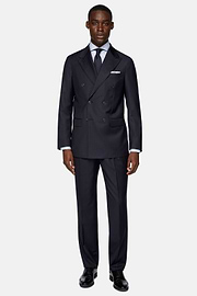 Navy Blue Herringbone Double-Breasted Suit in Pure Wool, Navy blue, hi-res