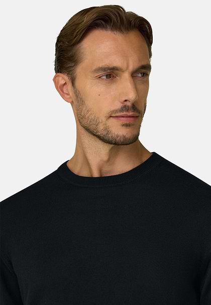 Crew Neck in Extrafine Merino Wool, Black, hi-res