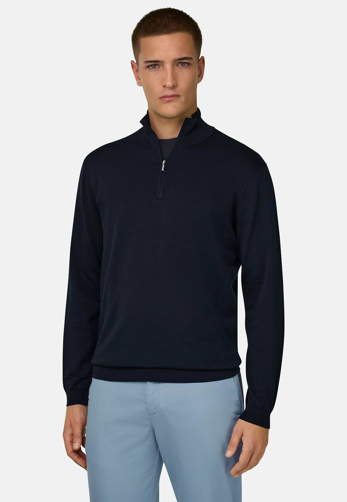 Maglia Mezza Zip In Cotone Seta, Navy, hi-res, 1