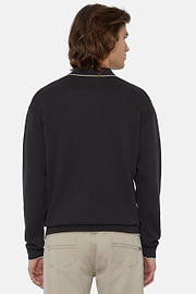 Black Cotton Open Neck Polo Jumper, Black, hi-res