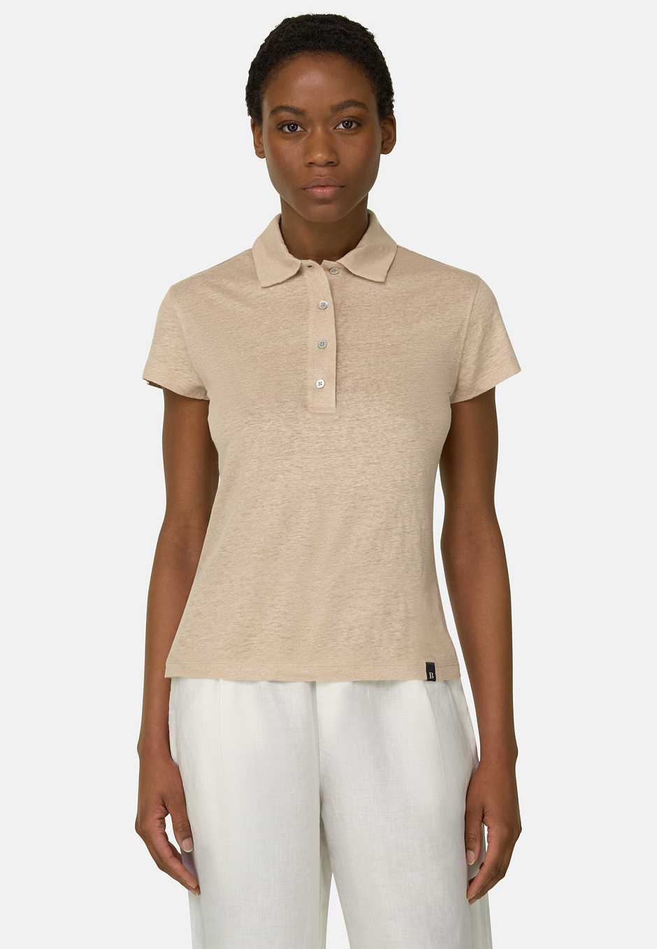 Polo Shirt in Stretch Linen, Sand, hi-res